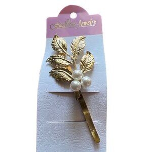 Leaf And White Pearls Gold Hair Clip (Set of 2)